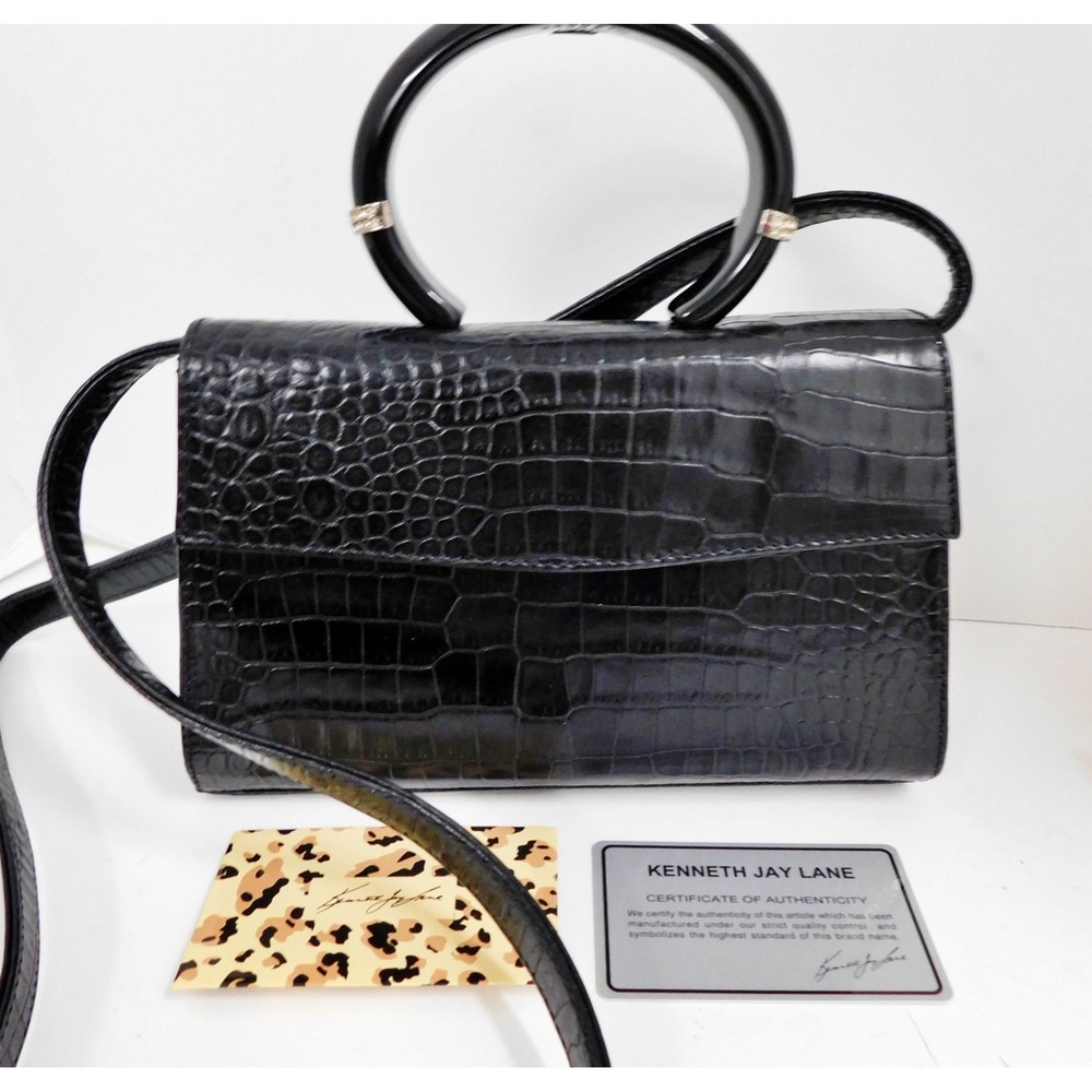 Kenneth J Lane Black Croc‎ Leather Lucite Crystal Top Handle Crossbody bag
